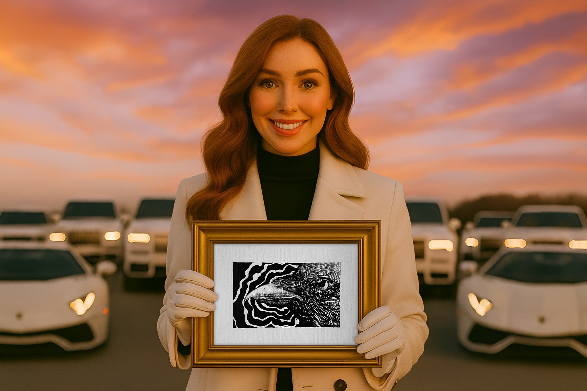 Woman holding a framed picture in front of cars with a sunset sky